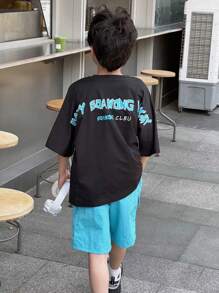 2pcs/Set Tween BoysBlack Knit English Print Top & Woven Shorts Set, Korean Style Streetwear - Multicolor - View 1