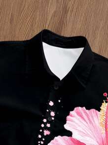 Manfinity Joysei 男士全印花短款衬衫，夏季时尚 - 黑色 - 查看 3