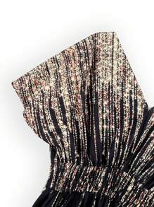 Rafferiza V-Neck Batwing Gold Printed Sexy Wide Leg Jumpsuit - Black - View 8