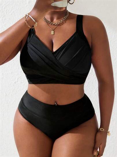 Slaydiva 2pcs/Set Plus Size Women's Black & Pink Overlay Ruched Tankini Swimsuit Set, Summer Beach Holiday
