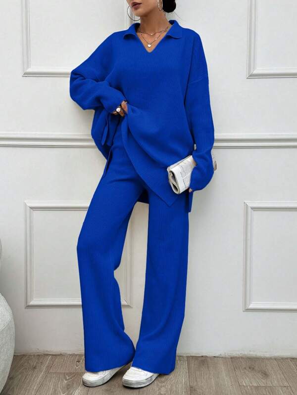 SHEIN Tall 2pcs/Set Solid Color Turn-Down Collar Sweater And Long Pants Outfit