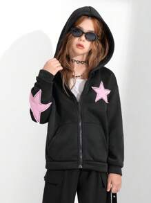 Teenager Girls' Hooded Zipper Sweatshirt, Star Pattern Streetwear Dark Punk Style Sweatshirt, Autumn/Winter Fall - Dark Grey - View 6
