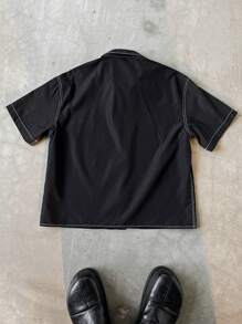 PAVTROS Manfinity Streetrush 男士休闲摇滚朋克嘻哈街头风黑色印花Y2K短袖衬衫，饰有“777”仿钻宝石印花，街头嘻哈 - 黑色 - 查看 3