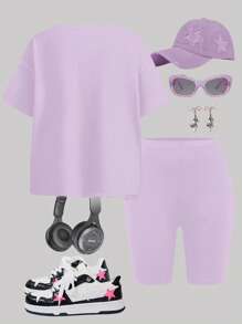 SHEIN Leap Crew Tween Girl Casual Minimalist Short Sleeve Cherry And Letter Graphic T-Shirt & Biker Shorts 2-Piece Set, Suitable For Summer - Multicolor - View 2