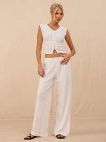 SHEIN Forever 21 女士夏季新款休闲宽松白裤 / 基本款 / 演唱会 / 返校节 / 复活节 / 外出 / 时尚 / 休闲 / Y2k / 白色纹理面料 / 女士白裤 - 白色 - 查看 5