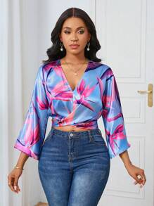 SHEIN Unity 女士热带花卉印花系带蝙蝠翼衬衫 - 藍色 - 查看 6