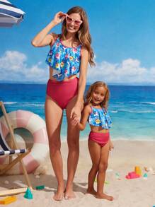 BABY SHARK X SHEIN Cartoon Shark Pattern Asymmetrical Hem Tankini Swimsuits - Hot Pink - View 1