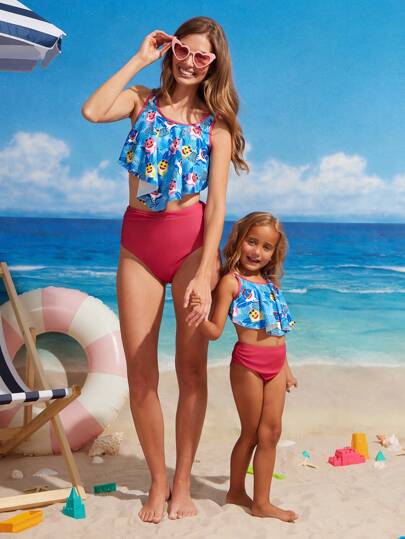 BABY SHARK X SHEIN Cartoon Shark Pattern Asymmetrical Hem Tankini Swimsuits