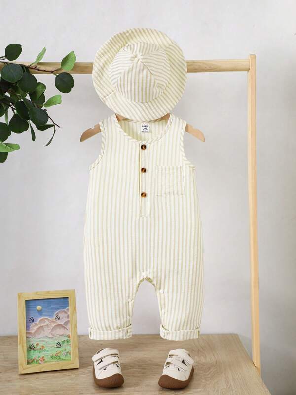 Baby Boy Sleeveless Round Neck Striped Jumpsuit, Fashionable For Summer