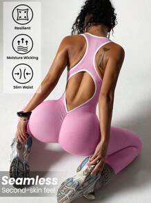 SHEIN Sport Studio Colorblock Trim Backless Hollow-Out Skinny Activewear Jumpsuit