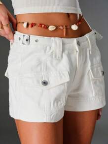 TRNVIE Casual Solid Color Low-Rise Utility Denim Shorts, Summer