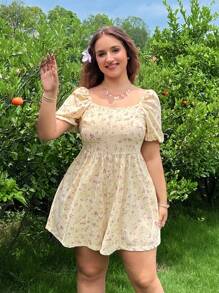 SHEIN EZwear Plus Size Boho Floral Print Woven Fabric Jumpsuit With Square Neckline And Half Sleeves For A Chic Summer Look