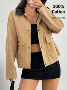 SHEIN EZwear 新款卡其色复古实用谷仓夹克外套，秋季短款 - 卡其色 - 查看 4