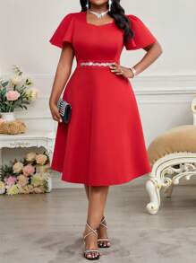 Fleurora Abito midi da donna con scollo a cuore, maniche corte con volant, elegante, con vita impreziosita da strass, di taglia grande