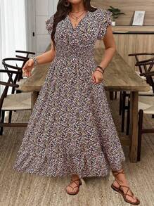 SHEIN Clasi 大码女式V领碎花盖袖收腰喇叭裙夏季休闲连衣裙