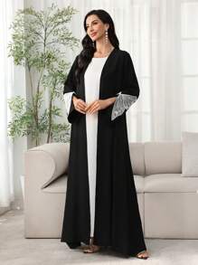 Al Najma 女士春夏优雅朴素的长袍，蝴蝶袖装饰，时尚又有型 - 黑色 - 查看 3