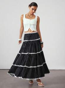 ROMWE Avant Millennium Y2K Retro Polka Dot Contrast Lace Drawstring Waist Skirt For Women - Black and White - View 7
