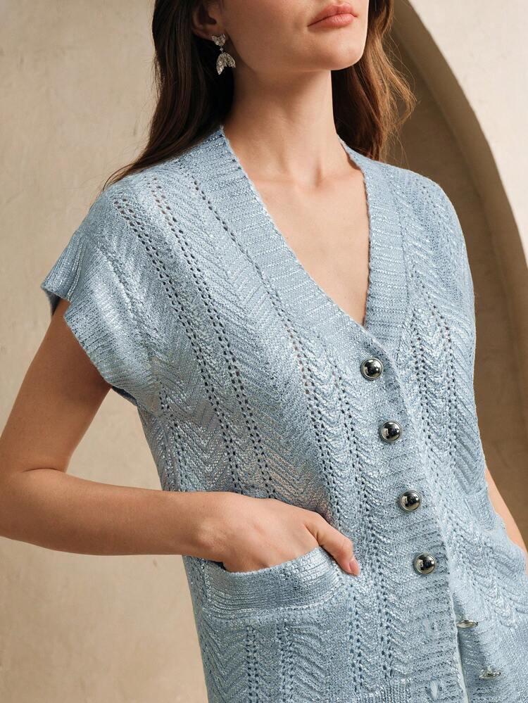Elegant Classy Purewhite Embosed Silver Vest Cardigan