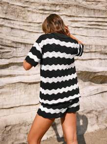 Maija Women's Summer Beach Vacation Black & White Contrast Stripe Crochet Chiffon Beach Cover-Up, Leisurely Hawaii Style - Black and White - View 3