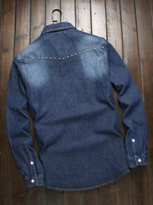 Manfinity LEGND Men's Casual Washed Distressed Denim Shirt - Dark Wash - View 2