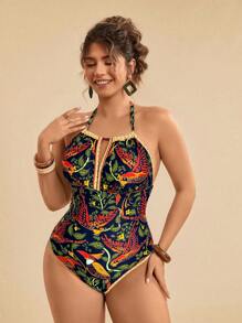 Travachic Plus Size Women Tropical Floral Plunge Cutout Monokini, Loose Fit Vacation Casual Swimwear