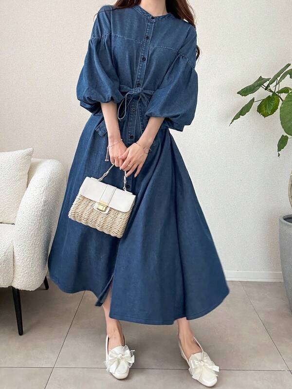 FRIFUL Women's Casual Denim Dress With Button Design And Lantern Sleeves Women S Clothes Women Summer Clothing Woman S Summer Clothes Women Summer Sets Work Summer Dresses