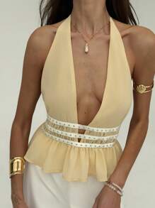 Aloruh Women's Sexy Deep V-Neck Ruffle Hem Halter Fashion Top, Summer Beach Vacation Boho Rave Festival Country Concert Ibiza Western Wear - Yellow - View 5