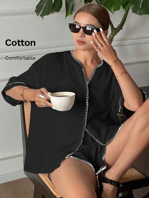 Serisse Conjunto de 2 piezas de top de manga corta con ajuste holgado y shorts con ribete de color contrastante para mujeres