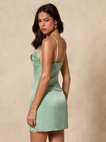 SHEIN BAE 女士无袖刺绣亮片拼接缎面迷你连衣裙，适合派对、节日、宴会、婚礼、夜间外出、浪漫约会、夏季 - 綠色 - 查看 2