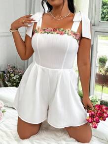 Elenzga Plus Size Women Vacations Style Embroidered Ribbon Tie Shoulder Romper - White - View 3