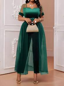 Fleurora Mono de manga larga con cuello redondo de punto elegante, informal y de flujo, con manga de obispo y contraste de malla, de talla grande, para uso formal, vestimenta profesional y ropa navideña para mujer, con cintura alta y leggings