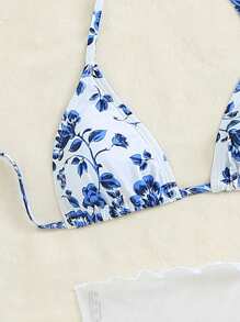 Swim Vcay 夏日沙灘3入組花卉印花頸帶三角比基尼和沙灘裙