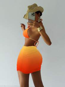 Swim SXY Conjunto de 3 piezas de bikini con falda de gasa, elegante, dulce y sexy, en degradado de colores