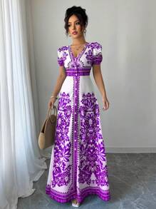 Elenzga 新款女式蓝白提花泡泡袖V领系带迷你连衣裙，优雅精致的中东风格 - 紫色 - 查看 3