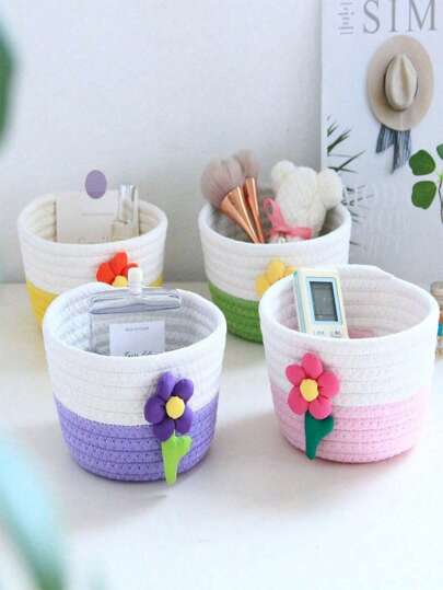 1pc/Set Cute Flower Handmade Woven Desktop Storage Basket ,Desktop Storage Basket, Mini Storage Basket, Can Store Sundries,For Baby & Children Toys, Snacks, Cosmetics, Remote Control, Etc.