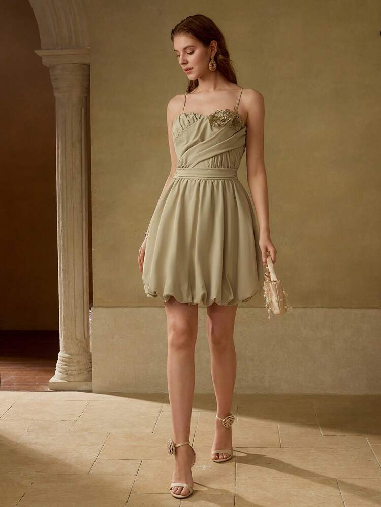 RUCHED BUST HANDMADE FLORAL HEM PUFF SUSPENDER ELEGANT SHORT DRESS FOR WOMEN