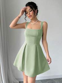 Elenzga Women's Casual Summer Holiday Plain Low-Cut Waist Cinched Green Dress Mini Short Women Outfit - Green - View 6