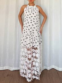 Islaluna Women's Elegant Floral Print Patchwork Ruffle Hem Dress, Summer