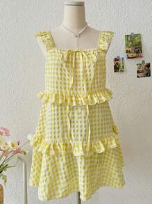 INAWLY 女式格子荷叶边下摆 A 字形连衣裙 - 黃色 - 查看 5