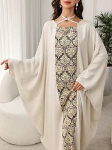 SHEIN Najma 复古印花拼布蝙蝠袖交叉领带宽松保守长裙，端庄的卡夫坦 - 彩色 - 查看 1