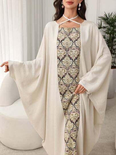 SHEIN Najma 复古印花拼布蝙蝠袖交叉领带宽松保守长裙，端庄的卡夫坦