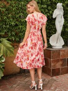 Amorya 女士桔色雪紡花卉圖案浪漫連衣裙 - 彩色 - 查看 2