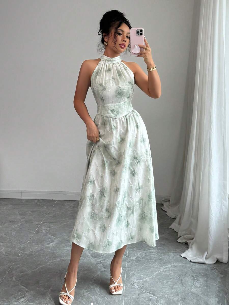 Selianne Gaun Wanita Motif Tie-Dye dengan Tali Pinggang dan Leher Halter - Hijau - View 1