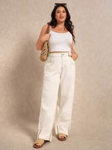 Elaquor Jeans de talla grande para mujer rectos y holgados, con bolsillos, casuales y versátiles - Albaricoque - Ver 6
