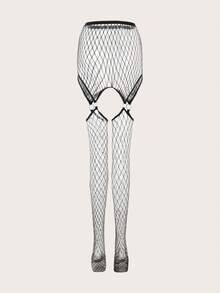 زوج من الجوارب الشبكية السوداء نصف شفافة مرنة جدًا مقاس كبير، جوارب شبكية مفتوحة في منطقة الصفن، بناطيل شبكية ضيقة بشبكات كبيرة، مناسبة للملابس الخارجية والحفلات والنوادل الليلية - الأسود - مشاهدة 2