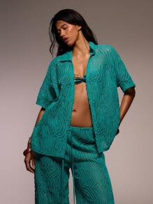 MUSERA Oversized Pattern Texture V-Neck Button Up Shirt And Straight Leg Trouser Spring, Summer, Ibiza Outfit, Holiday, Cute, Festival, Vacation Beachwear, Beach, Boho Mai Tai