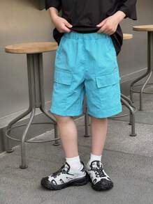 2pcs/Set Tween BoysBlack Knit English Print Top & Woven Shorts Set, Korean Style Streetwear - Multicolor - View 4