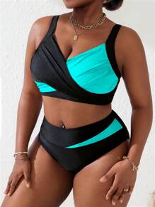 Slaydiva Conjunto de 2 piezas de traje de baño con top fruncido de contraste de talla grande para mujer, ideal para playa y vacaciones de verano