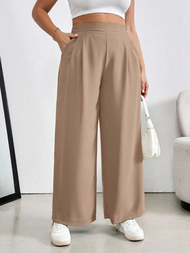 SHEIN Essnce Plus Size Women's Spring And Summer Fashion Casual Loose Comfortable Cool Daily Basic Apricot Elastic Waist Wide Leg Pants, Minimalist Style, Baggy Pants, Work Pants, European Summer, Vacation Women, Women Bottom Baggy - Khaki - View 3