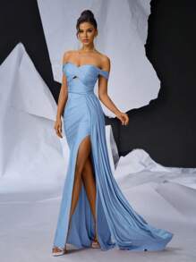 Glamrae Vestido de noche elegante y glamoroso con hombros descubiertos, entrelazado cruzado, corte ajustado, abertura alta lateral, caída drapeada y cola de pez